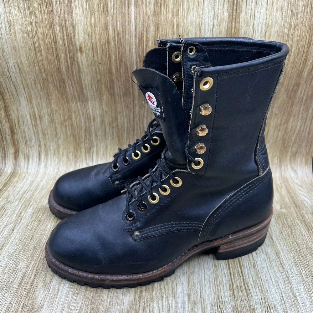 Carolina Logger Boots Men's Size 9 Black Leather Lace Up Made in USA Lug Sole